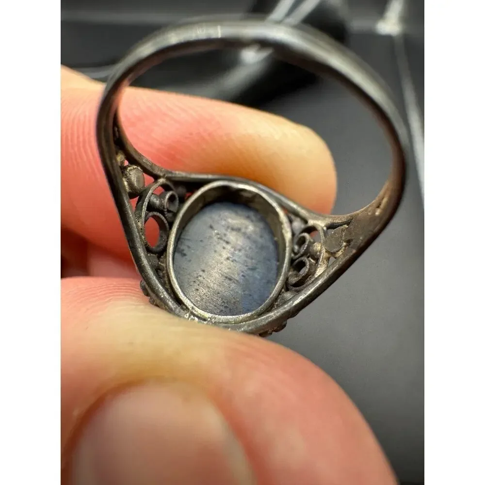Vintage Lapis Lazuli Oval Filigree Silver Tone Women's Cocktail Band Ring
